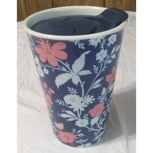 Travel Mug w Lid Porcelain Blue Floral Threshold Microwave Dishwasher Safe 5.25"